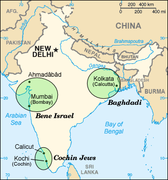 A map showing the main areas of Jewish concentration in India.